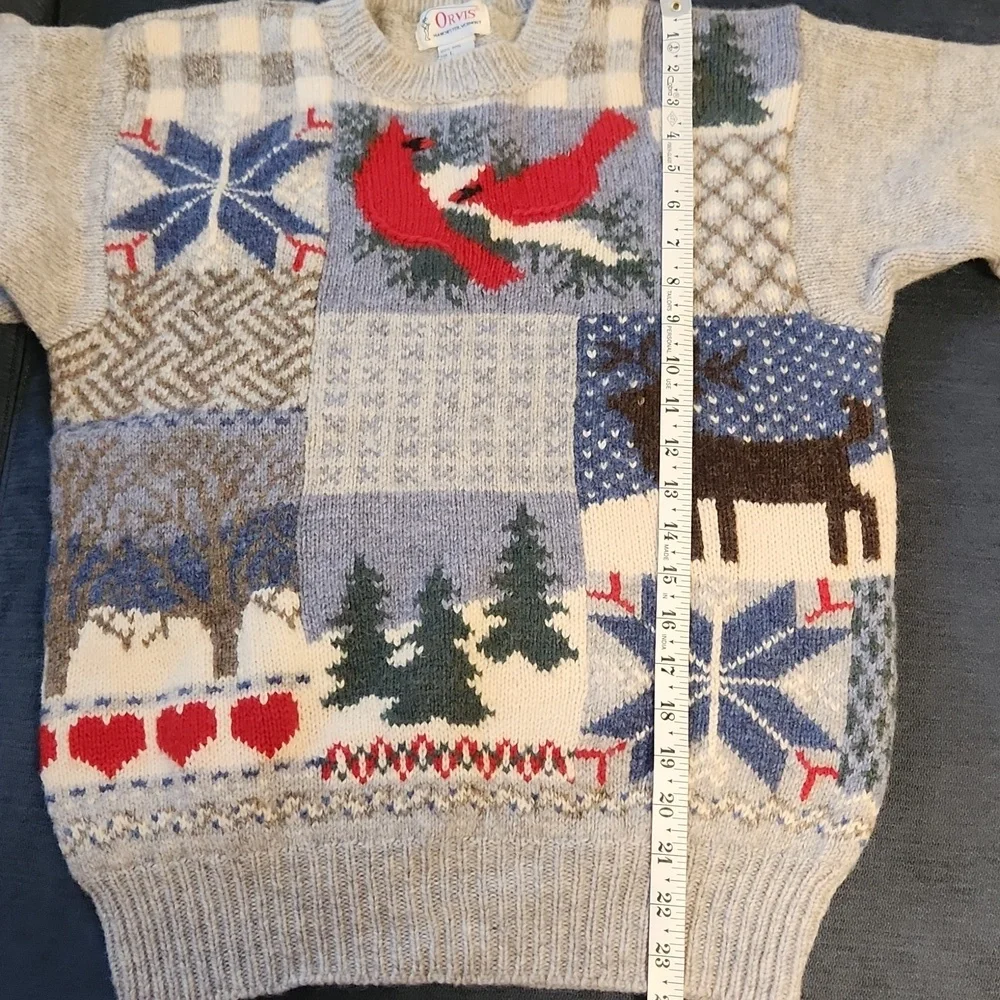 Orvis Winter Intarsia Gray Wool Cardinal Birds Moose Snowflakes Sweater Sz M